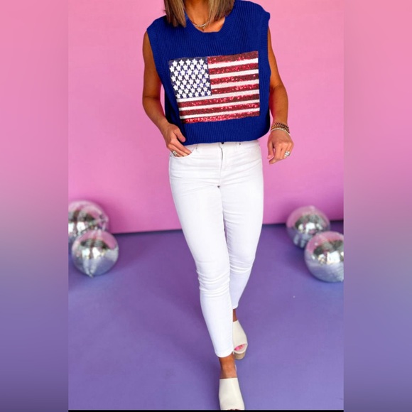 New Boutique Sequin Sparkle American Patriotic Holiday Sweater July 4th - Picture 3 of 11
